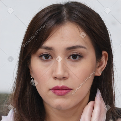 Neutral white young-adult female with long  brown hair and brown eyes