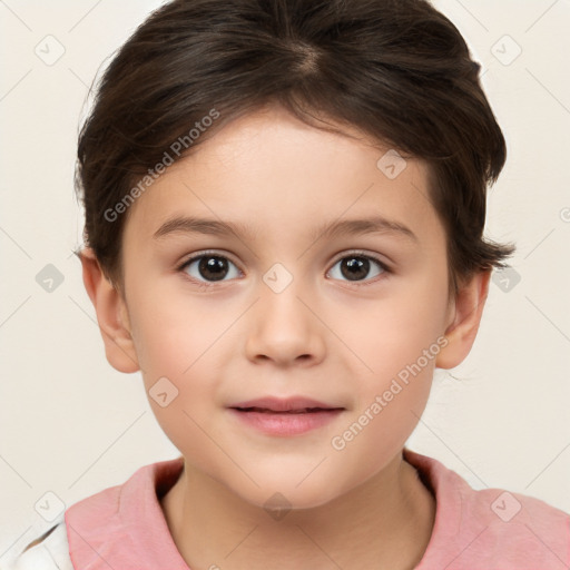 Joyful white child female with short  brown hair and brown eyes