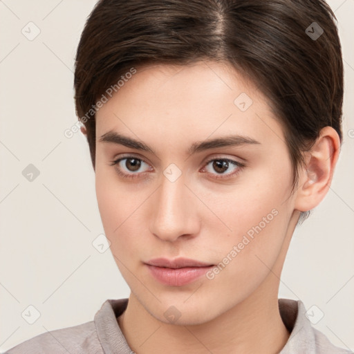 Neutral white young-adult female with short  brown hair and brown eyes