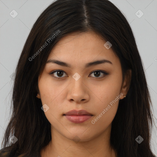 Neutral asian young-adult female with long  brown hair and brown eyes