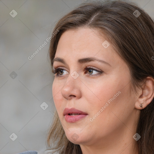 Neutral white young-adult female with medium  brown hair and brown eyes