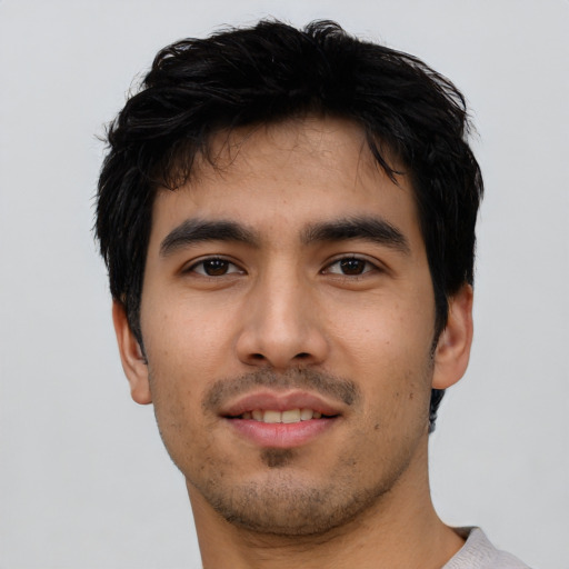 Neutral asian young-adult male with short  black hair and brown eyes