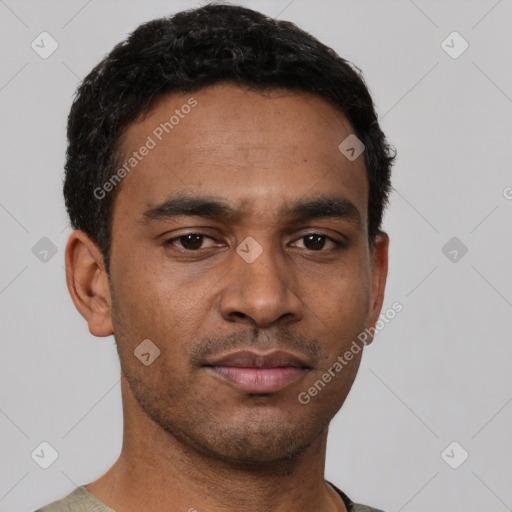 Neutral latino young-adult male with short  black hair and brown eyes