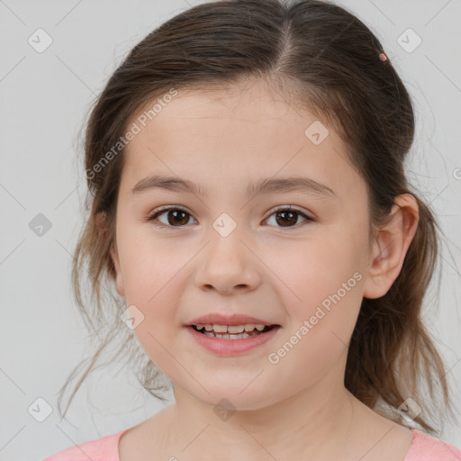 Joyful white child female with medium  brown hair and brown eyes