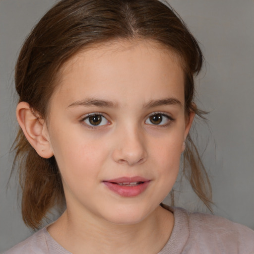 Joyful white child female with medium  brown hair and brown eyes