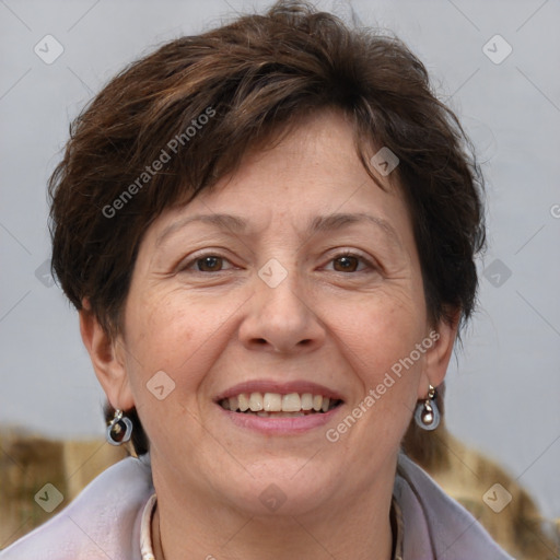 Joyful white adult female with short  brown hair and brown eyes