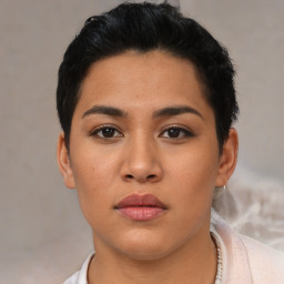 Neutral asian young-adult female with short  black hair and brown eyes