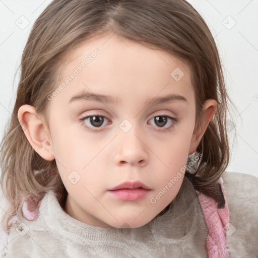 Neutral white child female with medium  brown hair and grey eyes