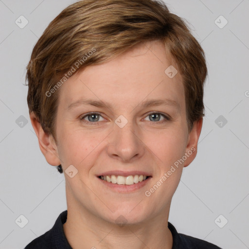 Joyful white young-adult female with short  brown hair and grey eyes