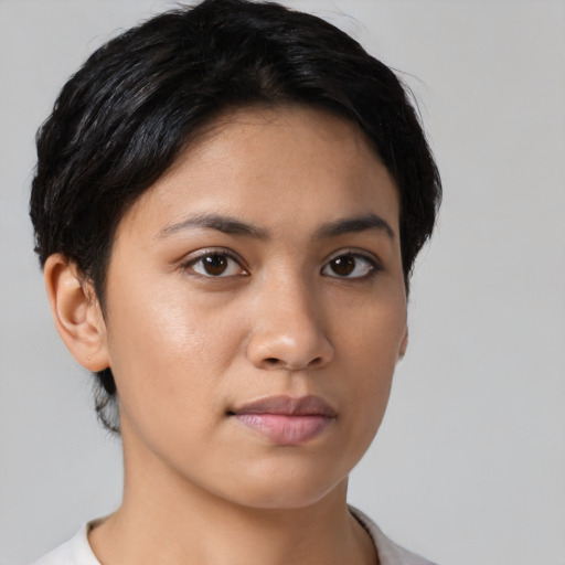 Neutral asian young-adult female with short  black hair and brown eyes