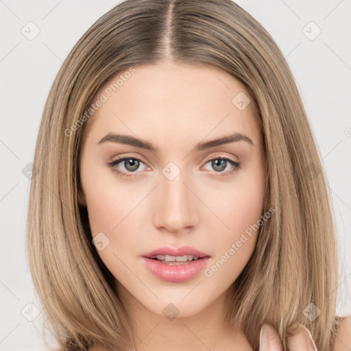 Neutral white young-adult female with long  brown hair and brown eyes