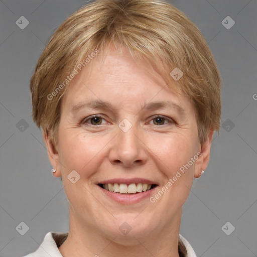 Joyful white adult female with short  brown hair and brown eyes