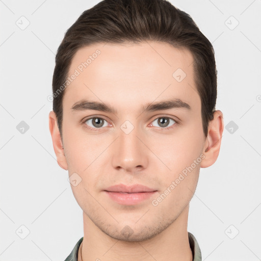 Neutral white young-adult male with short  brown hair and brown eyes