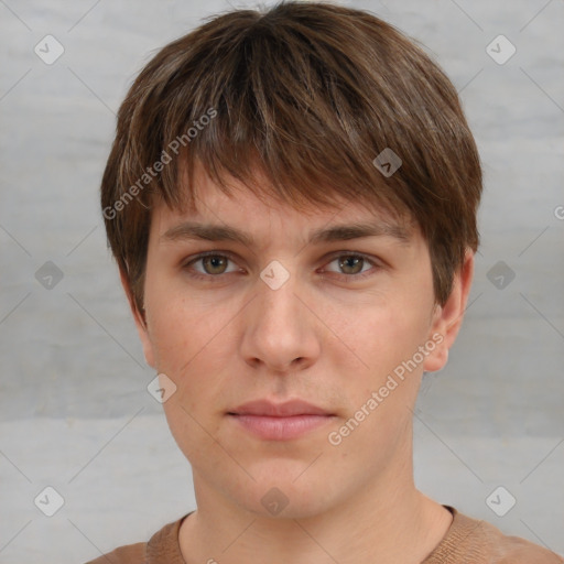 Neutral white young-adult male with short  brown hair and grey eyes