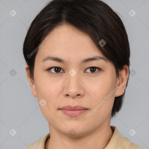 Neutral white young-adult female with short  brown hair and brown eyes