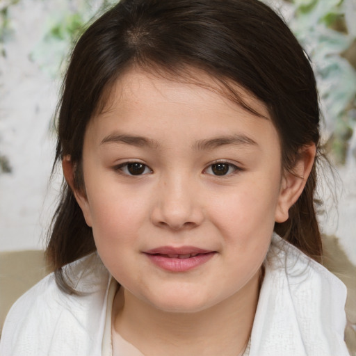 Joyful white child female with medium  brown hair and brown eyes
