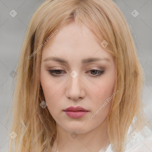 Neutral white young-adult female with medium  brown hair and brown eyes