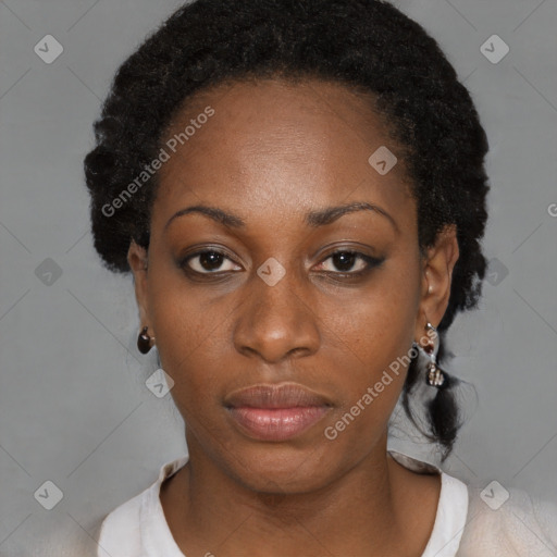 Neutral black young-adult female with short  black hair and brown eyes