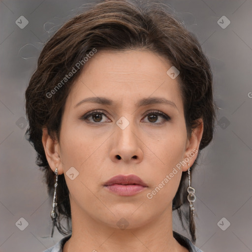Neutral white young-adult female with medium  brown hair and brown eyes