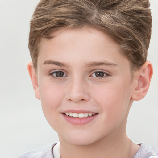 Joyful white child female with short  brown hair and brown eyes