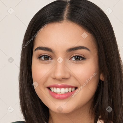 Joyful white young-adult female with long  brown hair and brown eyes