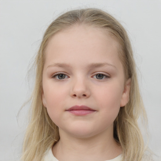 Neutral white child female with medium  brown hair and grey eyes