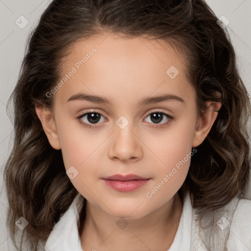 Joyful white child female with medium  brown hair and brown eyes