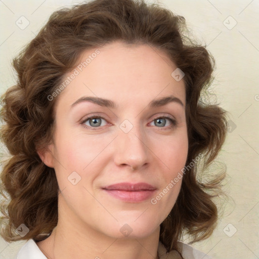 Joyful white young-adult female with medium  brown hair and green eyes