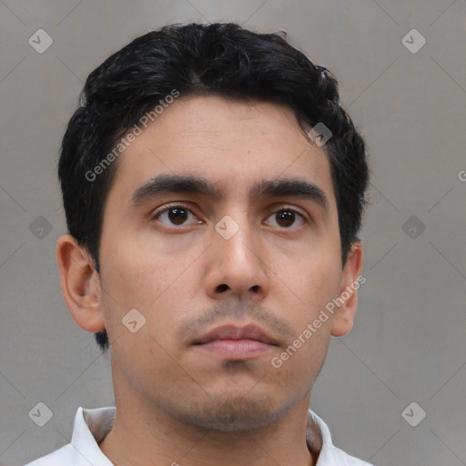 Neutral asian young-adult male with short  black hair and brown eyes