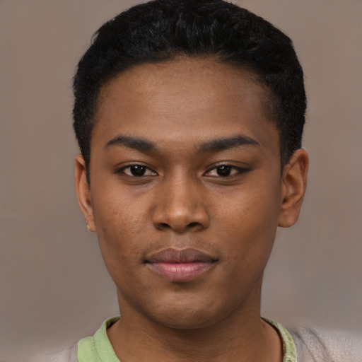 Neutral black young-adult male with short  black hair and brown eyes