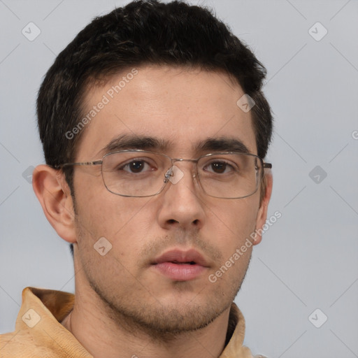 Neutral white young-adult male with short  brown hair and brown eyes