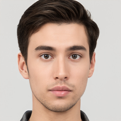 Neutral white young-adult male with short  brown hair and brown eyes