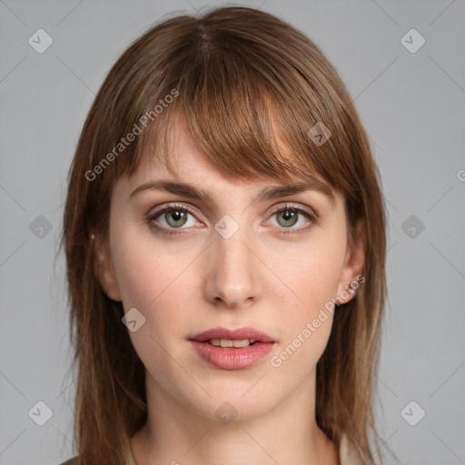 Neutral white young-adult female with medium  brown hair and grey eyes