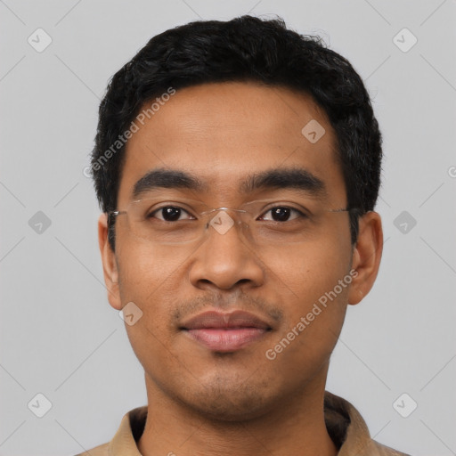 Neutral asian young-adult male with short  black hair and brown eyes