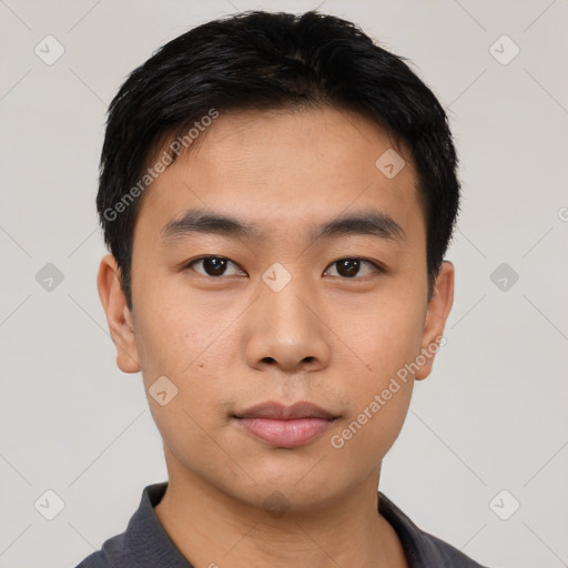 Neutral asian young-adult male with short  black hair and brown eyes