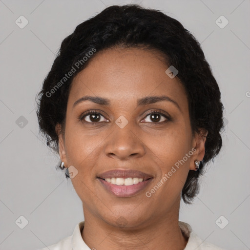 Joyful black young-adult female with medium  black hair and brown eyes