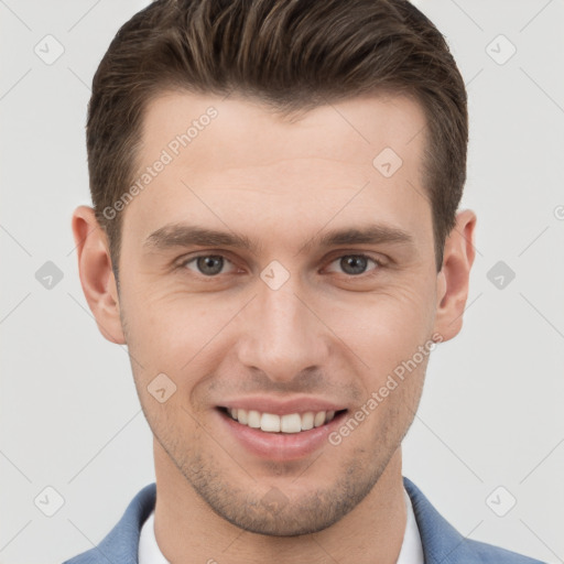 Joyful white young-adult male with short  brown hair and brown eyes