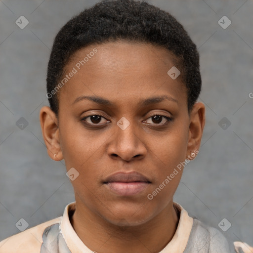 Neutral black young-adult female with short  brown hair and brown eyes