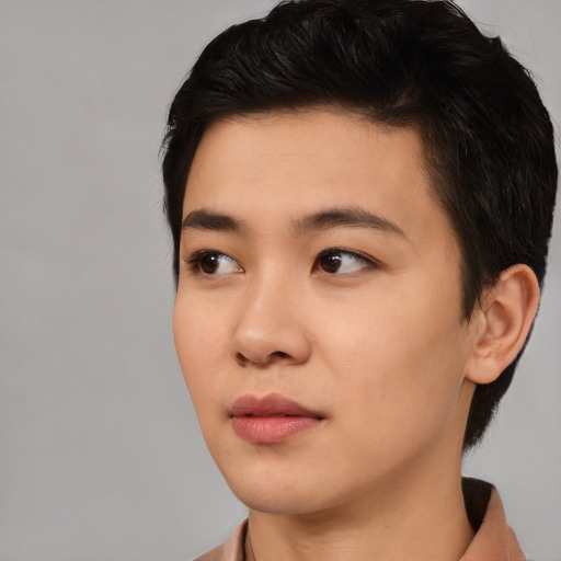 Neutral asian young-adult female with short  black hair and brown eyes