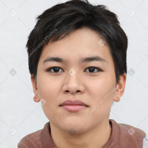 Neutral asian young-adult female with short  brown hair and brown eyes