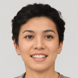 Joyful asian young-adult female with short  brown hair and brown eyes