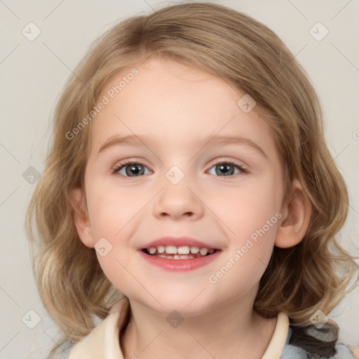 Joyful white child female with medium  brown hair and blue eyes