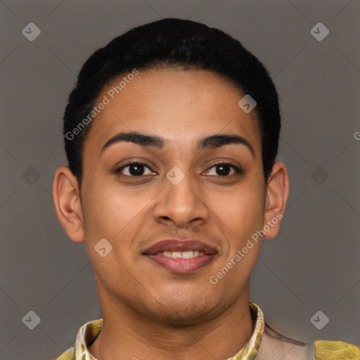 Joyful latino young-adult female with short  brown hair and brown eyes