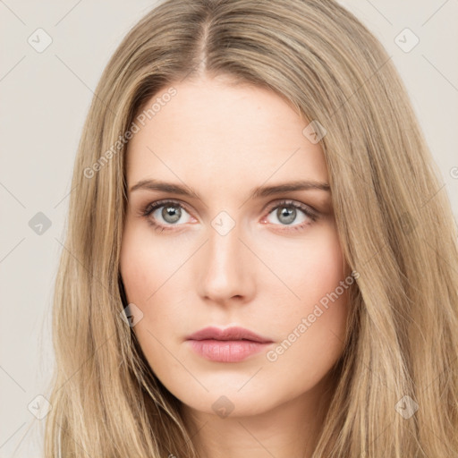 Neutral white young-adult female with long  brown hair and brown eyes