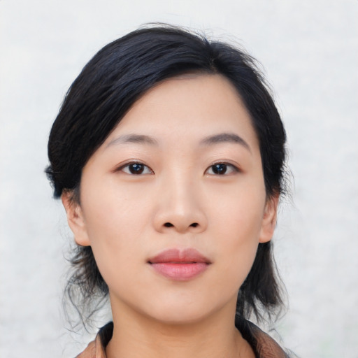 Neutral asian young-adult female with medium  black hair and brown eyes