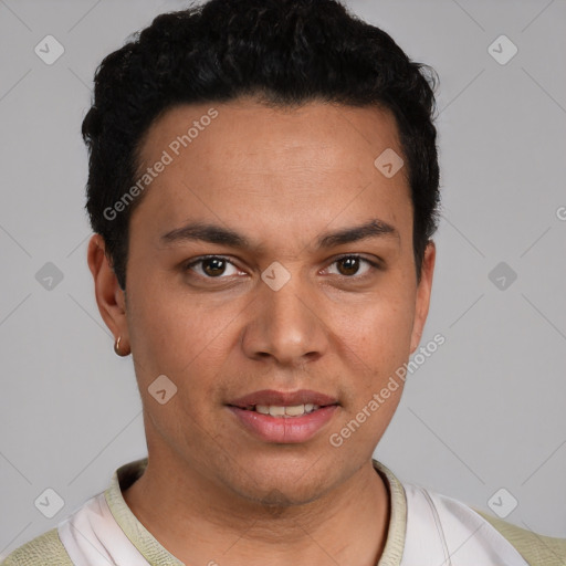 Joyful white young-adult male with short  black hair and brown eyes
