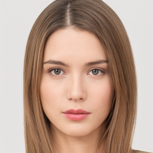 Neutral white young-adult female with long  brown hair and brown eyes