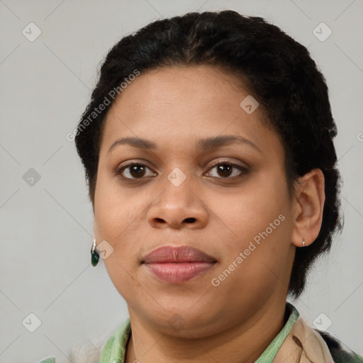 Joyful latino young-adult female with short  brown hair and brown eyes