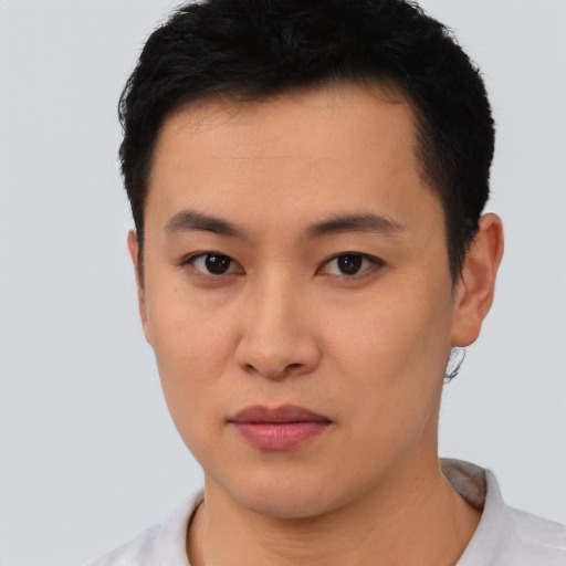Neutral asian young-adult male with short  brown hair and brown eyes