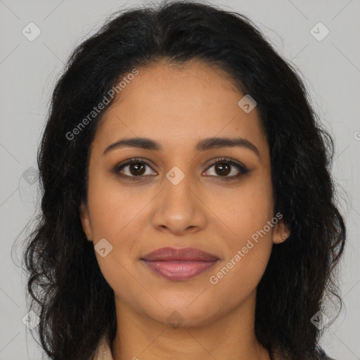 Joyful latino young-adult female with long  brown hair and brown eyes